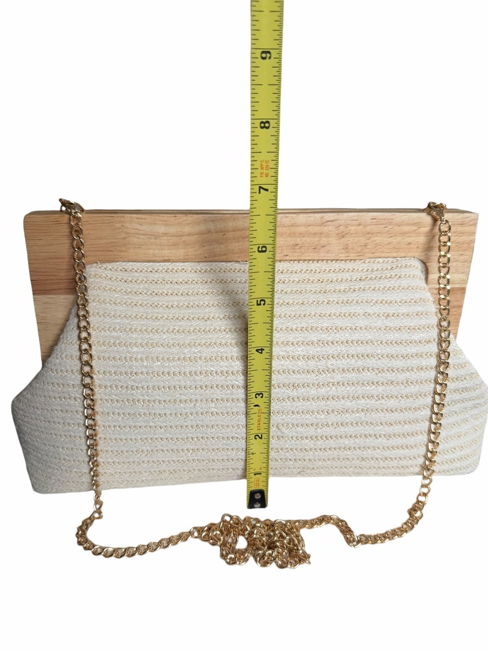 Haute Hippie Wood Frame Cream Woven Clutch Gold Chain Shoulder Bag Neutral Boho - Picture 9 of 11